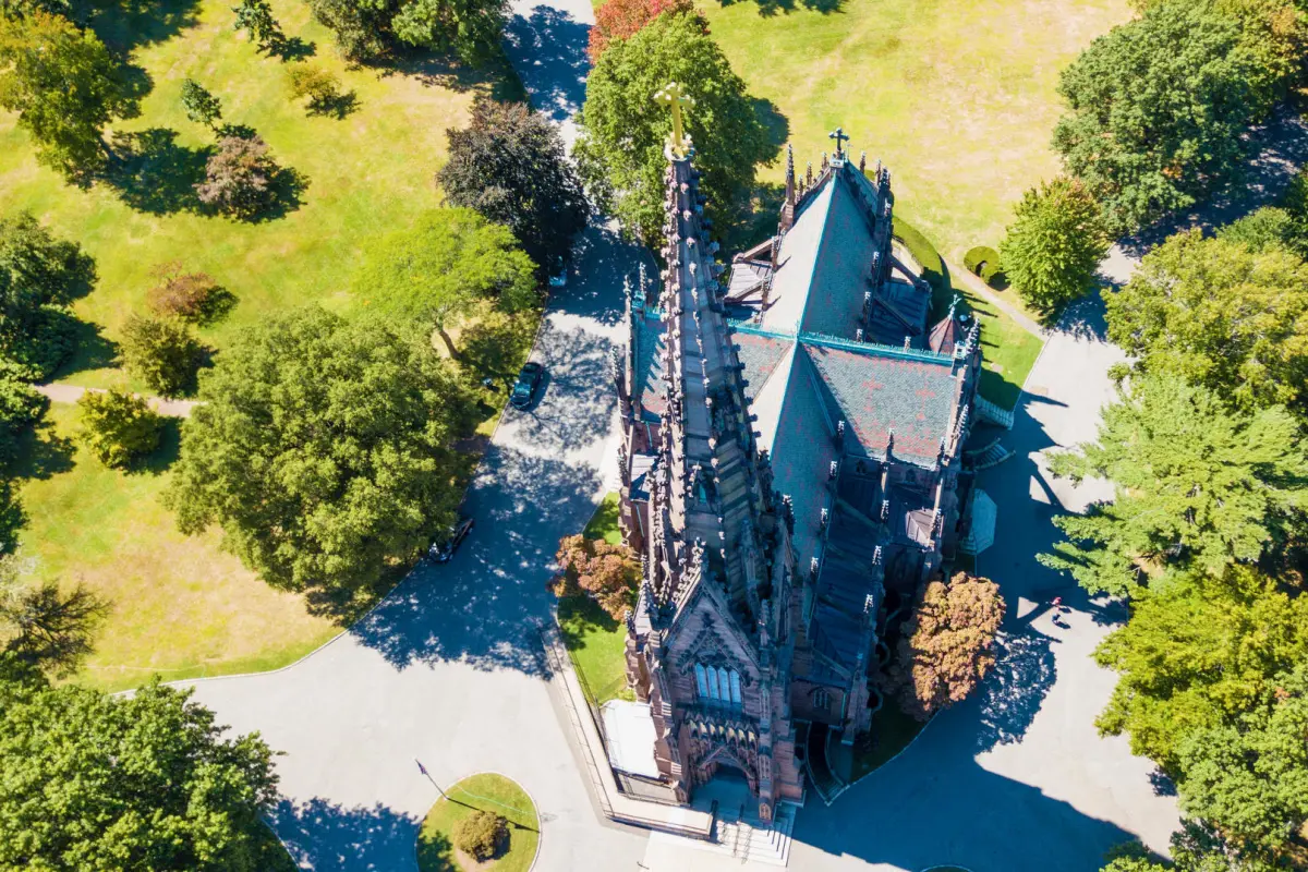 Arial view of the Cathedral grounds and greenspace focusing on the historic cathedral building that is open to all.